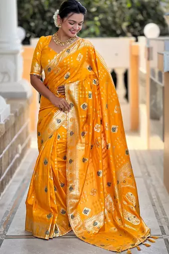 Woven meenakari yellow dola art silk blend saree