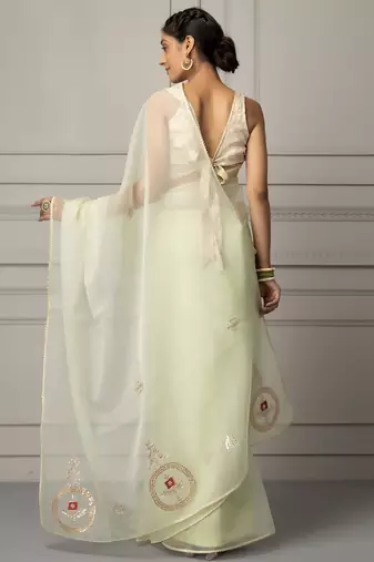 Sea green & silver toned embellished gotta patti organza saree