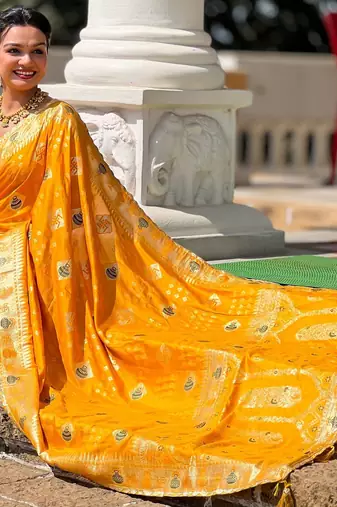 Woven meenakari yellow dola art silk blend saree