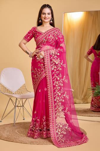 Dark pink soft net embroidered bollywood style saree