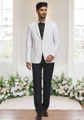 White jacquard plain solid full sleeve blazer for men 3