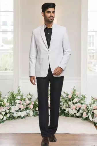 White jacquard plain solid full sleeve blazer for men