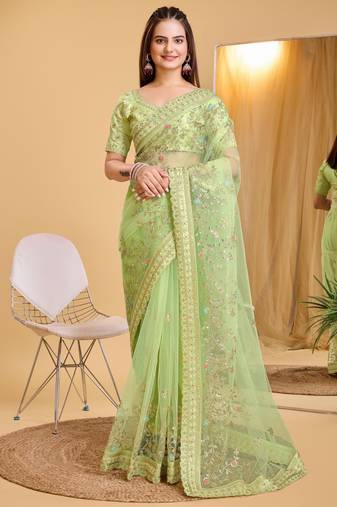 Pista soft net embroidered bollywood style saree