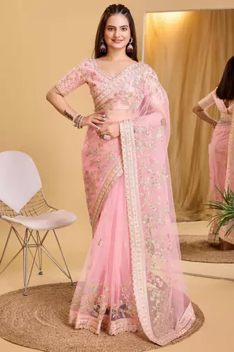 Peach soft net embroidered bollywood style saree