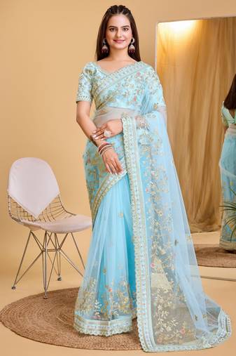 Sky blue soft net embroidered bollywood style saree