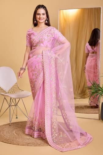 Pink soft net embroidered bollywood style saree