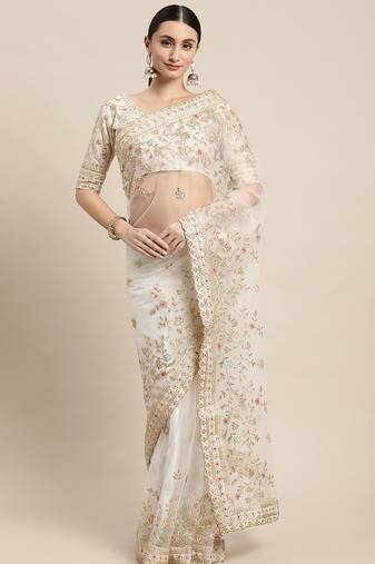Off white soft net embroidered bollywood style saree