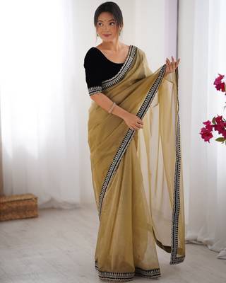 Beige twill net saree 1