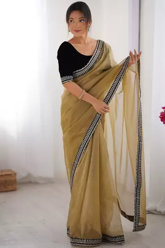 Beige twill net saree