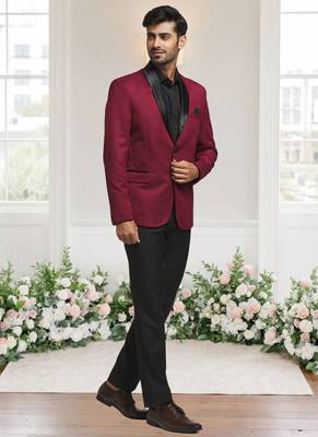 Maroon jacquard plain solid full sleeve blazer for men 3