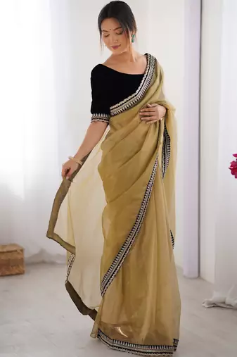 Beige twill net saree