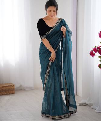 Teal twill net saree 1