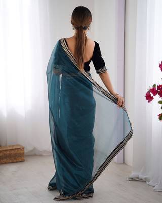 Teal twill net saree 2