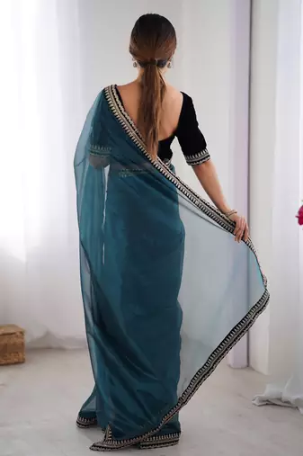 Teal twill net saree