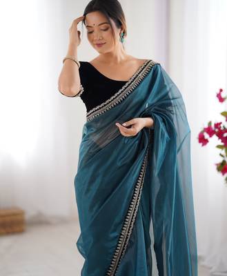 Teal twill net saree 3