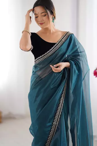 Teal twill net saree
