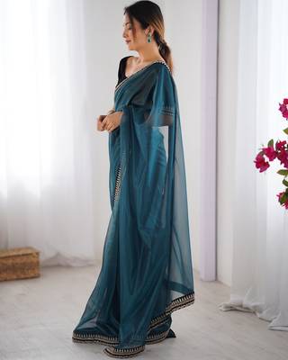 Teal twill net saree 4
