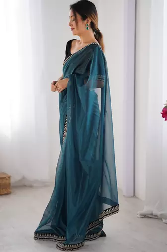 Teal twill net saree