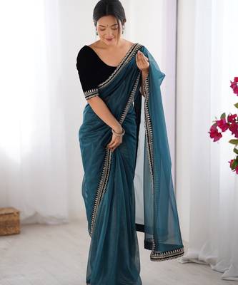 Teal twill net saree 5