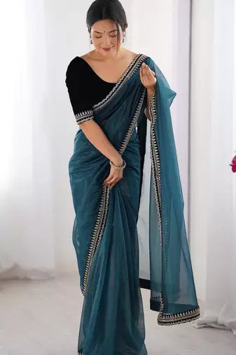 Teal twill net saree