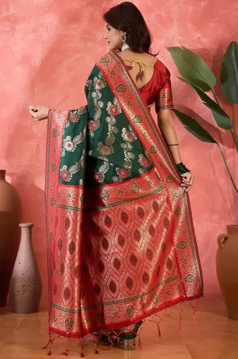 Green art silk blend woven saree