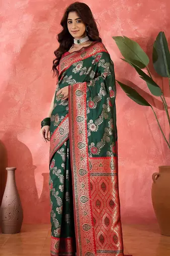 Green art silk blend woven saree