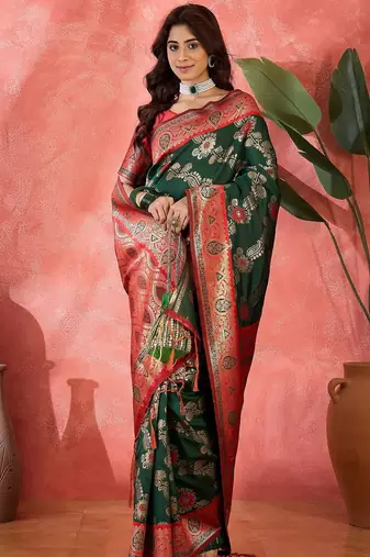 Green art silk blend woven saree
