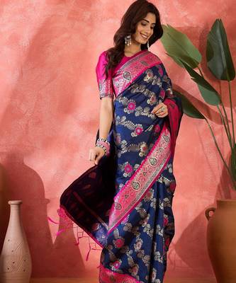 Blue art silk blend woven saree 4