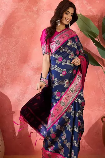 Blue art silk blend woven saree