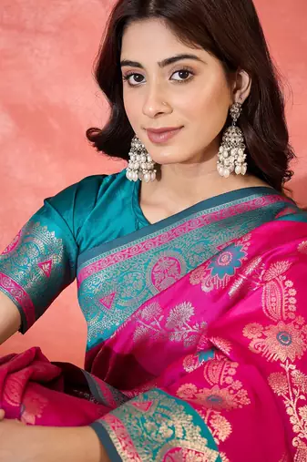 Pink art silk blend woven saree