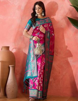 Pink art silk blend woven saree 4