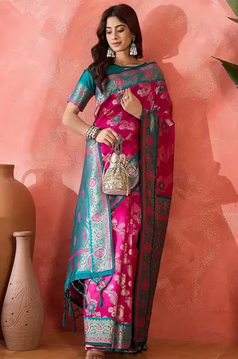 Pink art silk blend woven saree