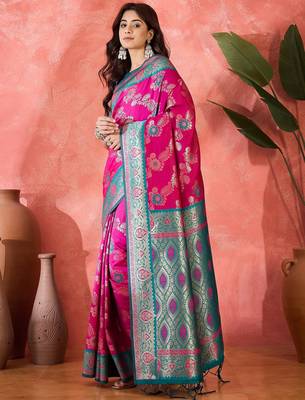 Pink art silk blend woven saree 5