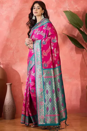 Pink art silk blend woven saree