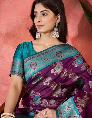 Wine art silk blend woven saree 3