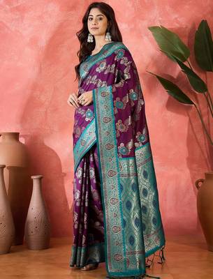 Wine art silk blend woven saree 4