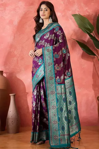 Wine art silk blend woven saree
