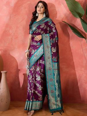Wine art silk blend woven saree 5