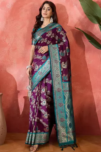Wine art silk blend woven saree