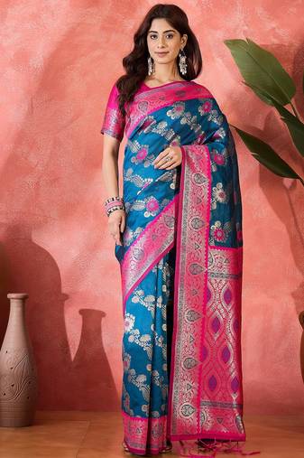 Teal blue art silk woven saree