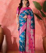 Teal blue art silk woven saree