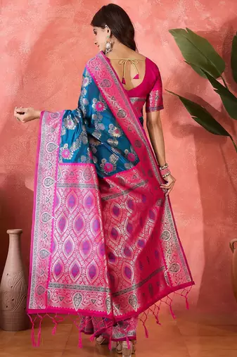 Teal blue art silk blend woven saree