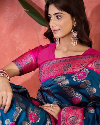 Teal blue art silk blend woven saree 3