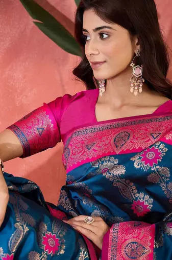 Teal blue art silk blend woven saree