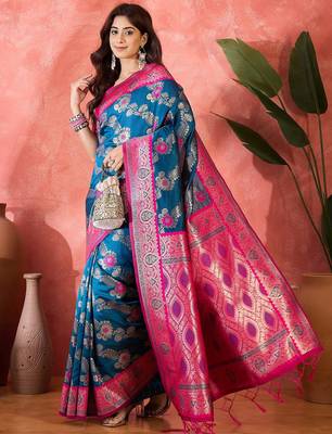 Teal blue art silk blend woven saree 5