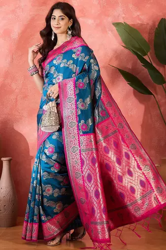 Teal blue art silk blend woven saree