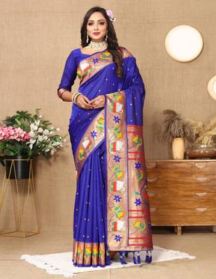 Blue paithani art silk blend woven meenakari saree 1
