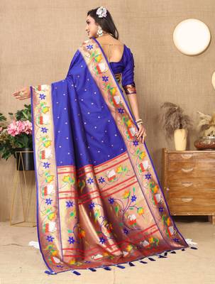 Blue paithani art silk blend woven meenakari saree 2