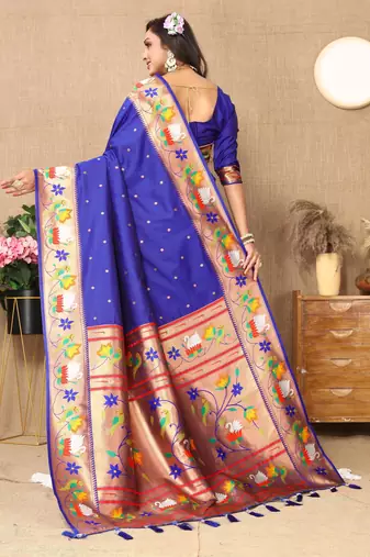 Blue paithani art silk blend woven meenakari saree