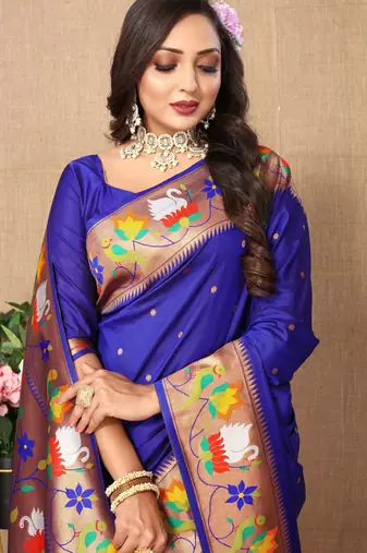 Blue paithani art silk blend woven meenakari saree
